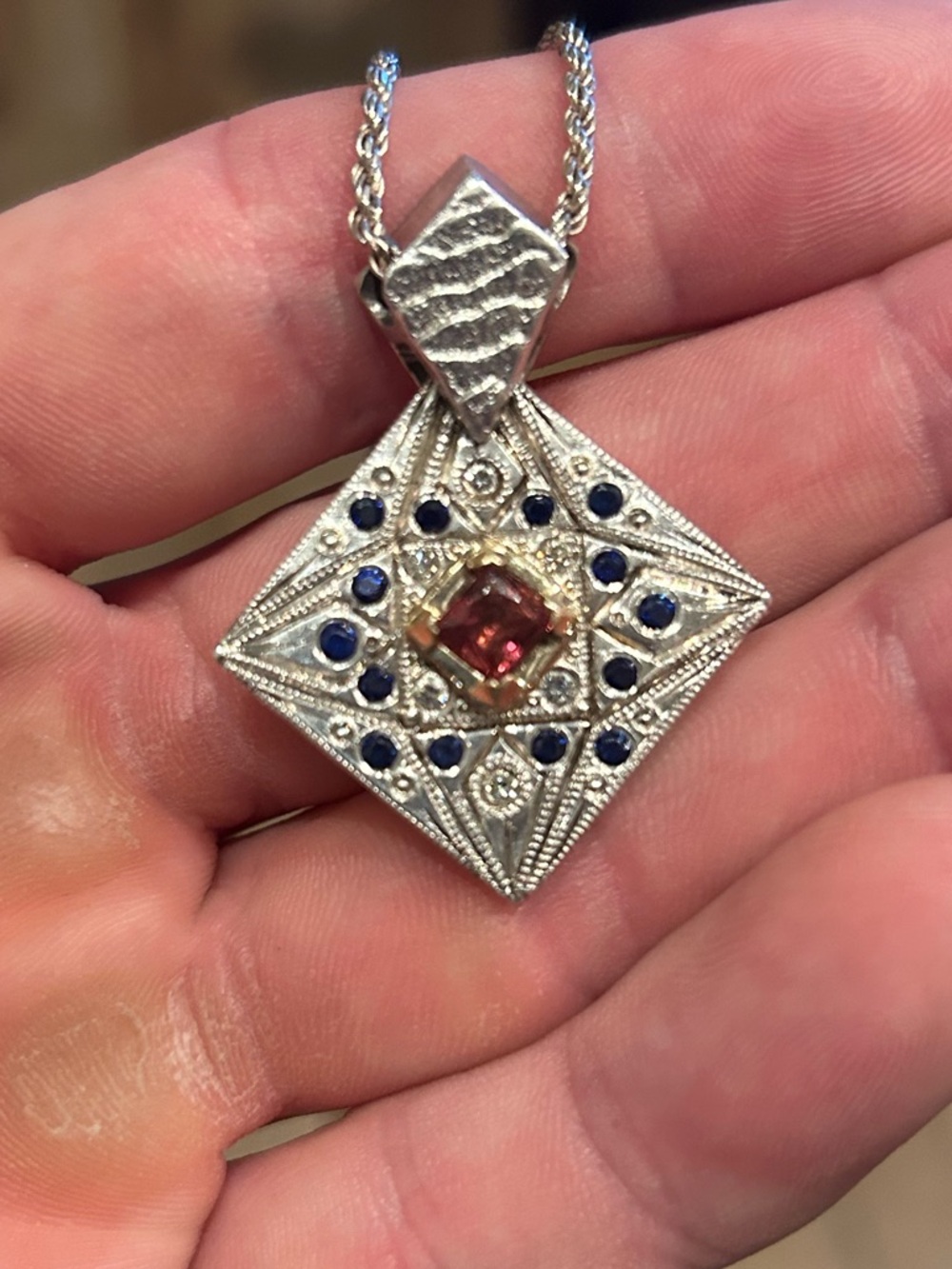 White Gold Pendant Necklace Ruby Center Stone Blue Sapphire and Diamonds Accents